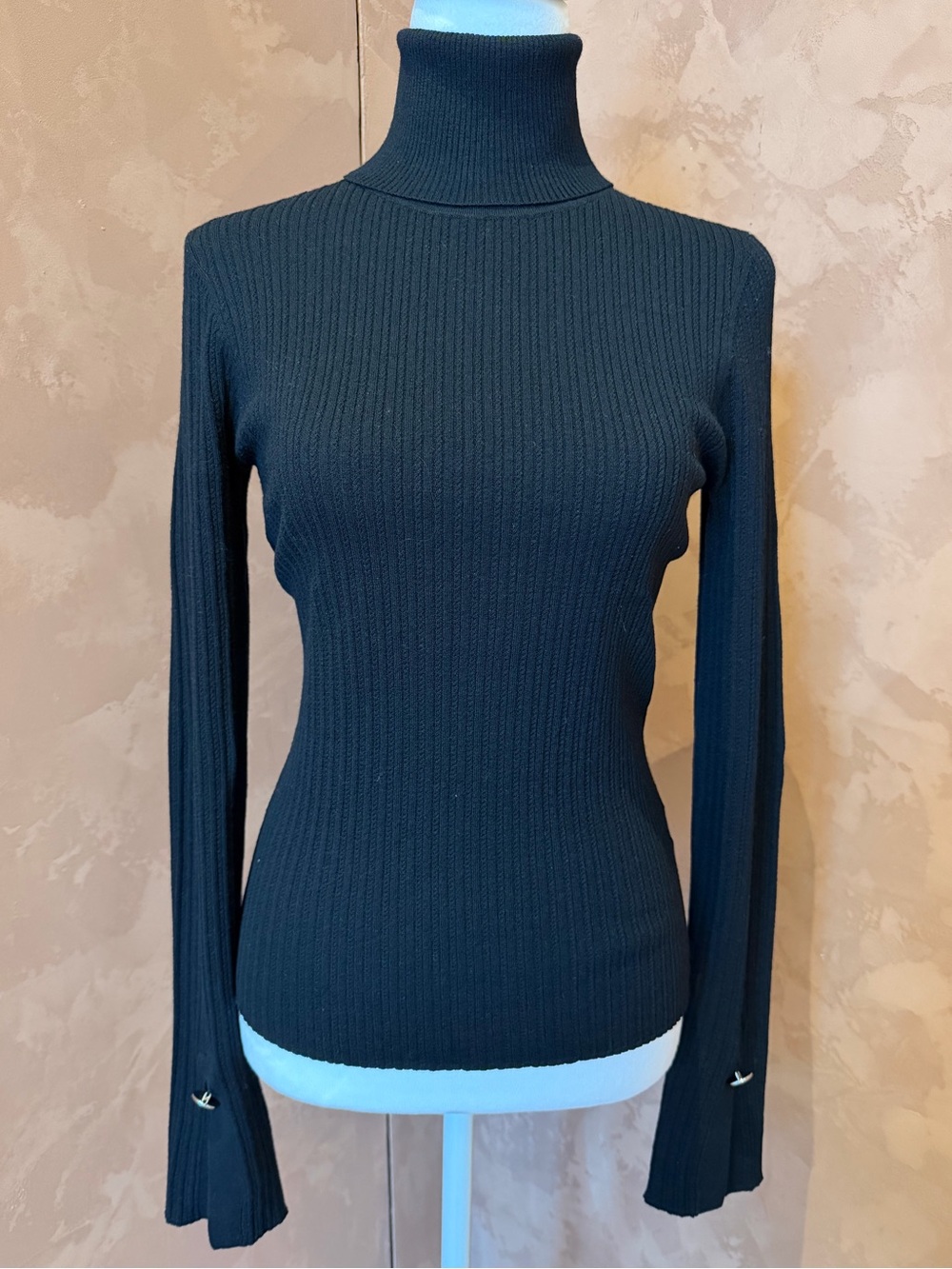 A.L.C. Black Ribbed Knit Turtleneck Sweater with Gold Button Cuffs.